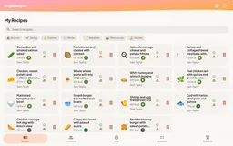 AngieRecipes recipe list: fifteen recipes such as a cucumber and smoked salmon salad and a Thai chicken larb, each with its calories and a nutrition grade.