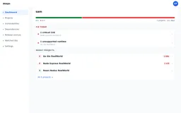 Deeps dashboard: one project graded A and two graded D to F, a Fix today list with one critical CVE and one unsupported runtime, and the projects ranked from worst to best.