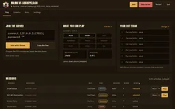 The Mann vs Archipelago launcher: the line to join the server, the classes you can play (Scout and Soldier, 2 of 9), the bot team, and the missions of the seed, two unlocked, one played.