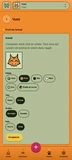 Yumi's profile: a pixel art avatar of a ginger cat, built from choices of coat, head, ears and fur.